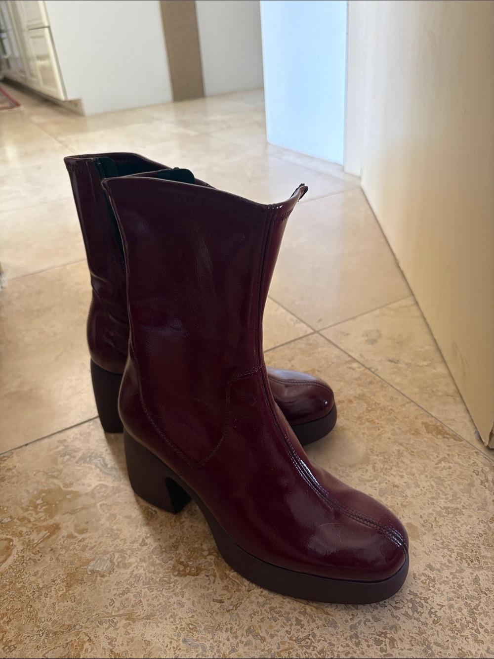 Women's Platform Ankle Boots - Burgundy Patent Leather